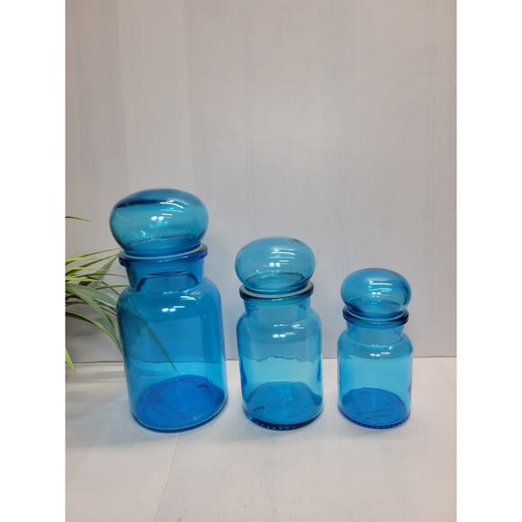 3 Vintage Belgium Blue Glass Bubble Top Apothecary Canister Jars - Picture 2 of 5